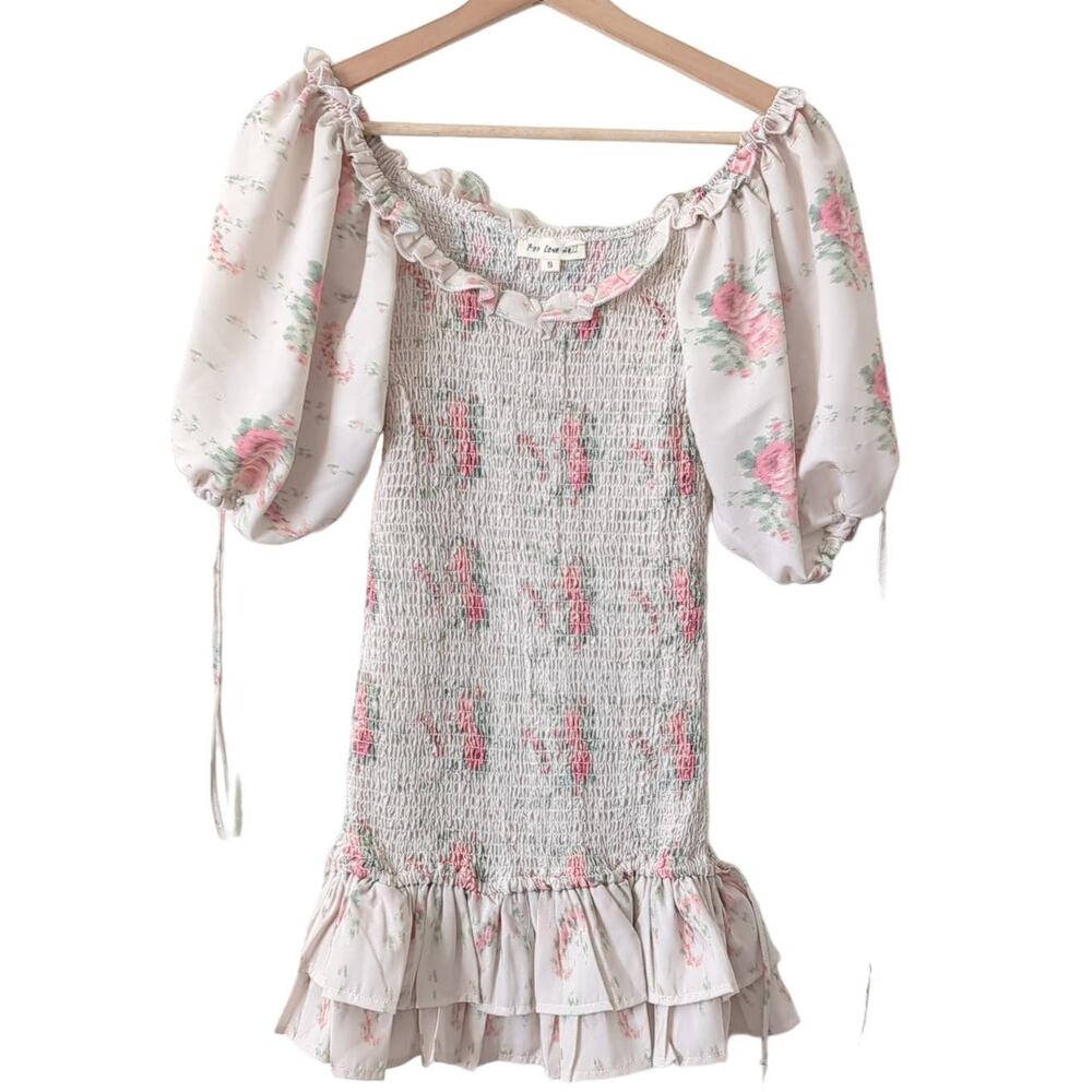 For Love Bell Womens Mini Dress Puff Sleeve Floral Smocked Size Small Ruffle EUC